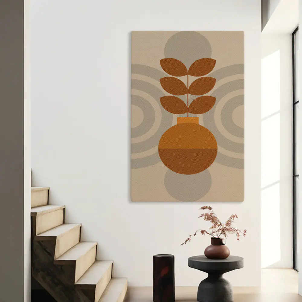 Composizione Marrone e Ocra con Foglie - Stampa su Tela