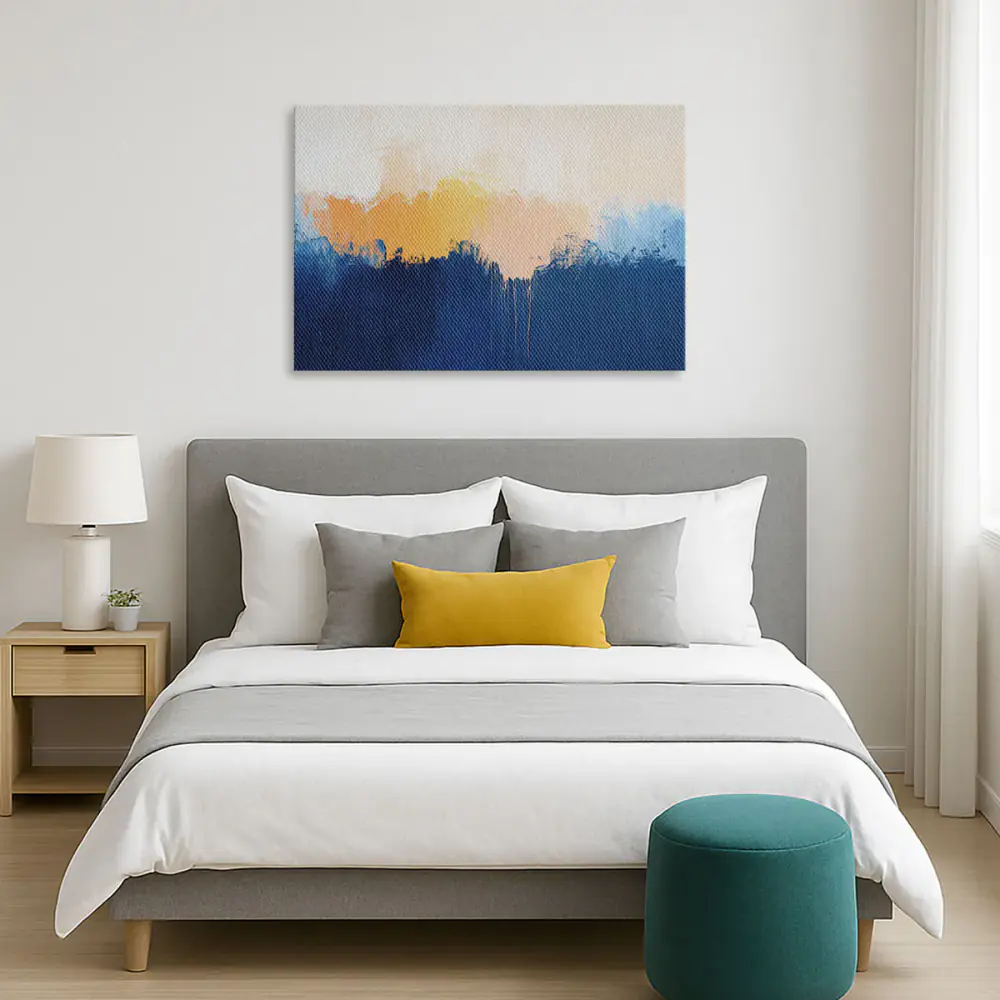 Dipinto Astratto con Sfumature di Blu e Arancio - Stampa su Tela