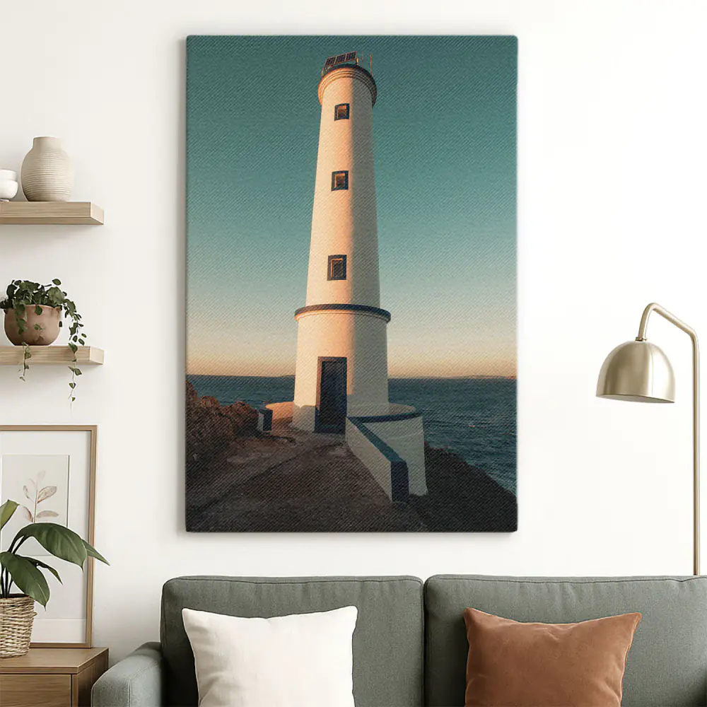 Tramonto che proietta ombre su un faro - Stampa su Tela